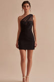 One Shoulder Ruched Mesh Tight Little Black Dress