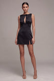 Keyhole Satin Boat Neck Tight Little Black Dress