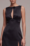 Keyhole Satin Boat Neck Tight Little Black Dress