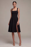Black Square Neck A Line Midi Formal Dress with Slit