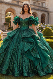 Dark Green Ruffled Off the Shoulder Ball Gown  Quinceanera Dress