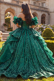 Dark Green Ruffled Off the Shoulder Ball Gown  Quinceanera Dress