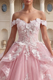 Pink Off the Shoulder Appliqued Ruffled Ball Gown Quinceanera Dress