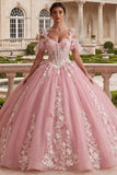 Cold Shoulder Pink Appliqued Ball Gown Quinceanera Dress