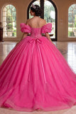 Sparkly Off The Shoulder Fuchsia Corset Ball-Gown Quinceanera Dress