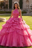 Halter Fuchsia Ruffled Ball-Gown Quinceanera Dress with Bow