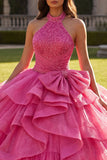 Halter Fuchsia Ruffled Ball-Gown Quinceanera Dress with Bow