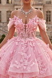Off The Shoulder Pink Ball-Gown Ruffled Appliqued Quinceanera Dress