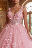 Pink V-Neck Ball-Gown Appliqued Quinceanera Dress