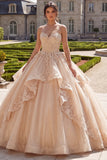 Strapless Champagne Appliqued Ball-Gown Ruffled Quinceanera Dress