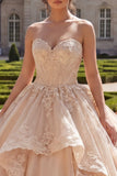Strapless Champagne Appliqued Ball-Gown Ruffled Quinceanera Dress