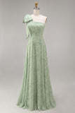 Dusty Sage One Shoulder Floral A-Line Long Bridesmaid Dress with Bow