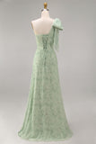Dusty Sage One Shoulder Floral A-Line Long Bridesmaid Dress with Bow