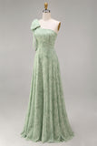 Dusty Sage One Shoulder Floral A-Line Long Bridesmaid Dress with Bow