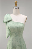 Dusty Sage One Shoulder Floral A-Line Long Bridesmaid Dress with Bow