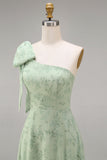 Dusty Sage One Shoulder Floral A-Line Long Bridesmaid Dress with Bow