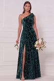 Dark Green A-Line One Shoulder Burnout Velvet Long Bridesmaid Dress with Side Slit
