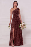 Dark Green A-Line One Shoulder Burnout Velvet Long Bridesmaid Dress with Side Slit