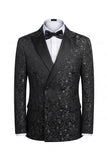 Black 2 Piece Peak Lapel Double Breasted Printed Men's Wedding Suits