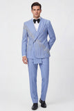 Shawl Lapel 2 Piece Light Blue Double Breasted Men's Prom Suits with Beading