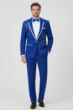 Blue One Button Notch Lapel Beaded Men's Prom Suits