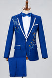 Blue One Button Notch Lapel Beaded Men's Prom Suits