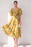 A-Line Yellow V-Neck Ruched Midi Floral Dress with Puff Sleeves