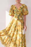 A-Line Yellow V-Neck Ruched Midi Floral Dress with Puff Sleeves