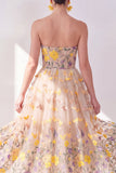 Apricot Strapless A-Line Tulle Embroidered Floral Midi Dress