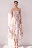 White Purple Flower A-Line Square Neck Chiffon Corset Midi Dress