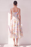 White Purple Flower A-Line Square Neck Chiffon Corset Midi Dress