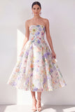 A-Line White Purple Flower Strapless Chiffon Midi Dress