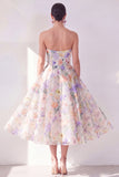 A-Line White Purple Flower Strapless Chiffon Midi Dress