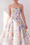 A-Line White Purple Flower Strapless Chiffon Midi Dress