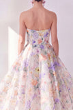 A-Line White Purple Flower Strapless Chiffon Midi Dress
