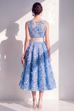 Blue A-Line Round Neck Appliqued Midi Floral Dress with Bow
