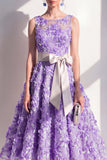 Blue A-Line Round Neck Appliqued Midi Floral Dress with Bow