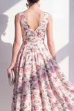 Blush V-Neck A-Line Ruched Midi Floral Dress
