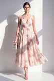 A-Line Chiffon Blush V-Neck Ruched Midi Floral Dress