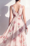 A-Line Chiffon Blush V-Neck Ruched Midi Floral Dress