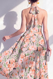 A-Line Pink Flower Halter Neck Midi Dress with Bow