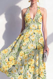 A-Line Pink Flower Halter Neck Midi Dress with Bow