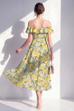 A-Line Pink Flower Off the Shoulder Midi Dress