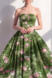 Strapless A-Line Chiffon Dark Green Midi Floral Dress