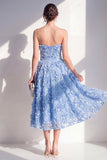 Strapless A-Line Blue Appliqued Floral Midi Dress