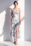 Pink Flower Spaghetti Strapless Sheath Chiffon Ruffled Midi Dress with Slit
