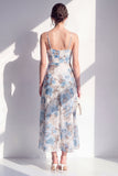 Pink Flower Spaghetti Strapless Sheath Chiffon Ruffled Midi Dress with Slit