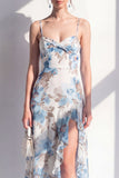 Pink Flower Spaghetti Strapless Sheath Chiffon Ruffled Midi Dress with Slit