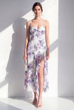 Pink Flower Spaghetti Strapless Sheath Chiffon Ruffled Midi Dress with Slit