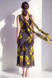 Black Yellow Flower A-Line V-Neck Chiffon Midi Dress with Neck Scarf